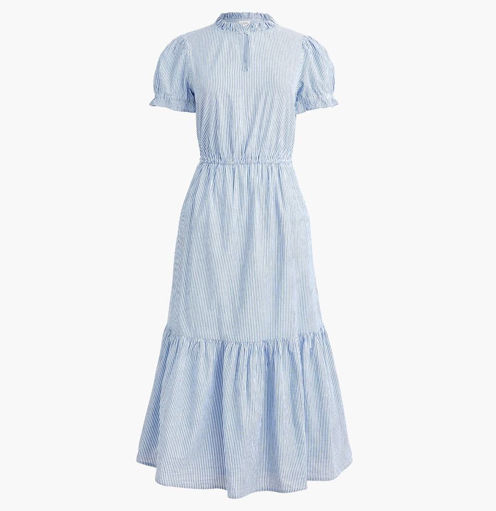 J.Crew Striped Ruffleneck Puff Sleeve Midi Dress Cotton White Blue US 8 NWT